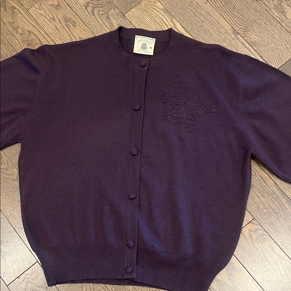Country Road Australia Purple Wool Cardigan Embroidered Floral Medium